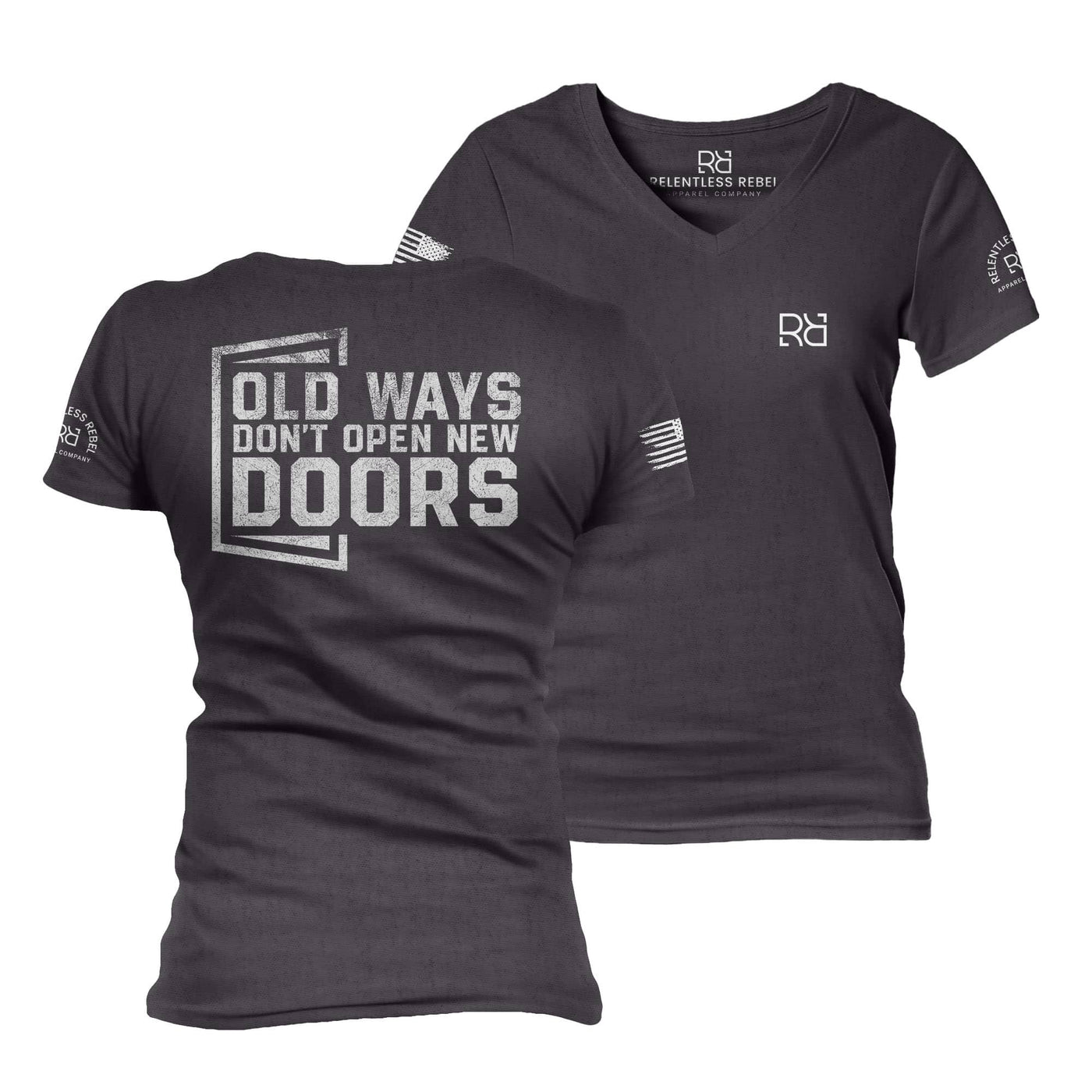 Dark Grey Heather Old Ways Don't Open New Doors Women's V-Neck Tee