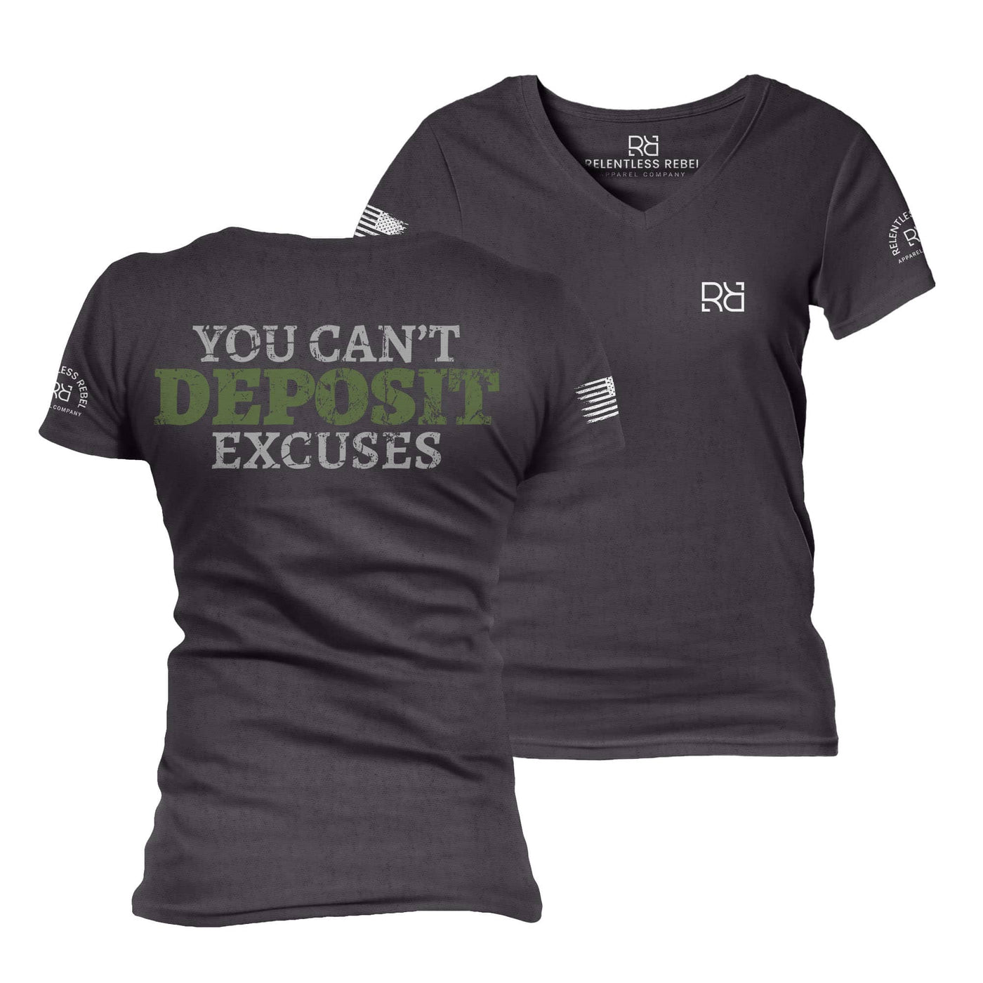 Dark Grey Heather You Can't Deposit Excuses Women's V-Neck Tee