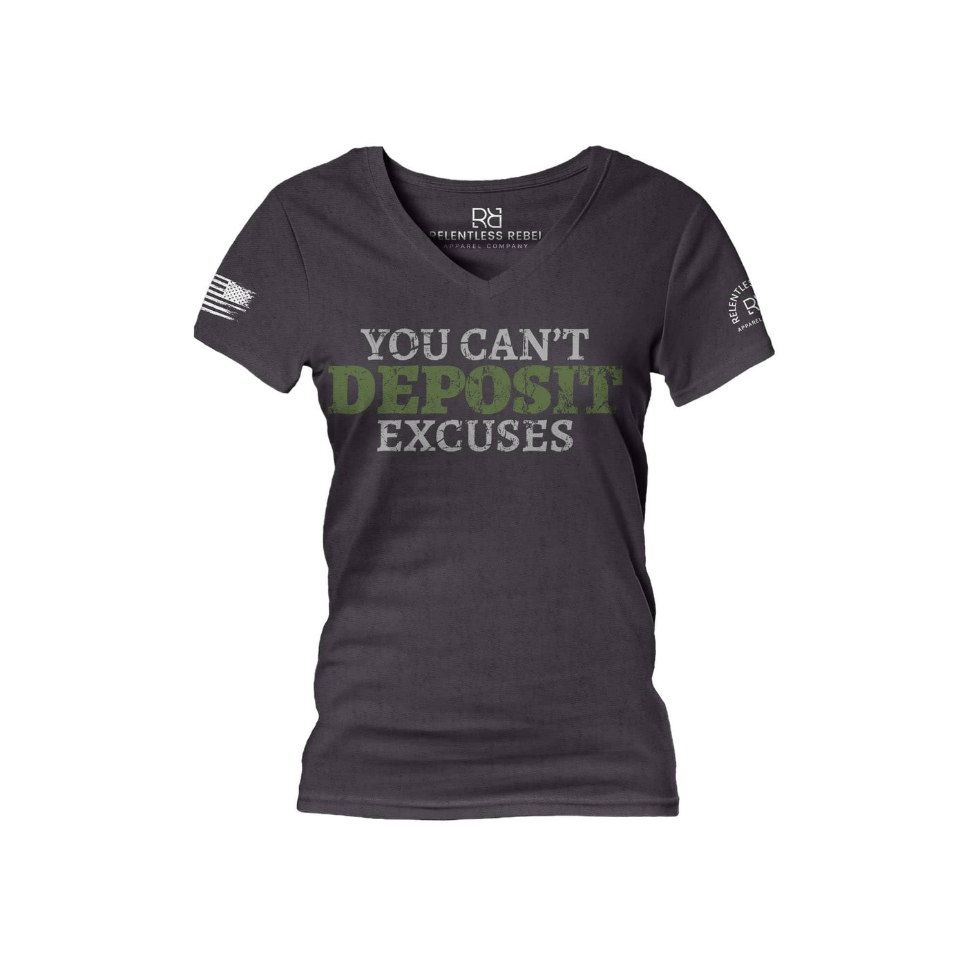 Dark Grey Heather You Can't Deposit Excuses Women's V-Neck Tee