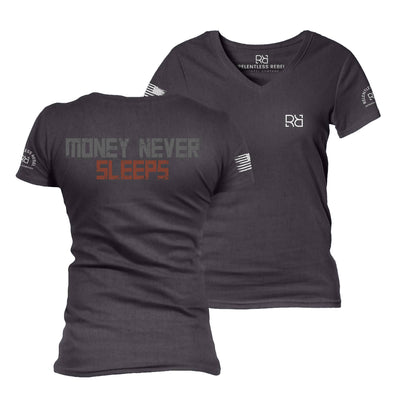 Dark Grey t-shirt with 'Money Never Sleeps' text and brand logo on a white background