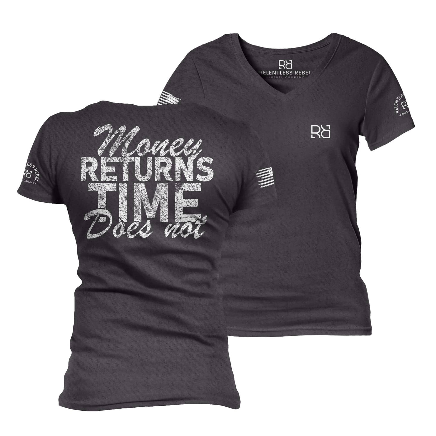 Dark Grey Heather Money Returns Time Does Not Women's V-Neck Tee