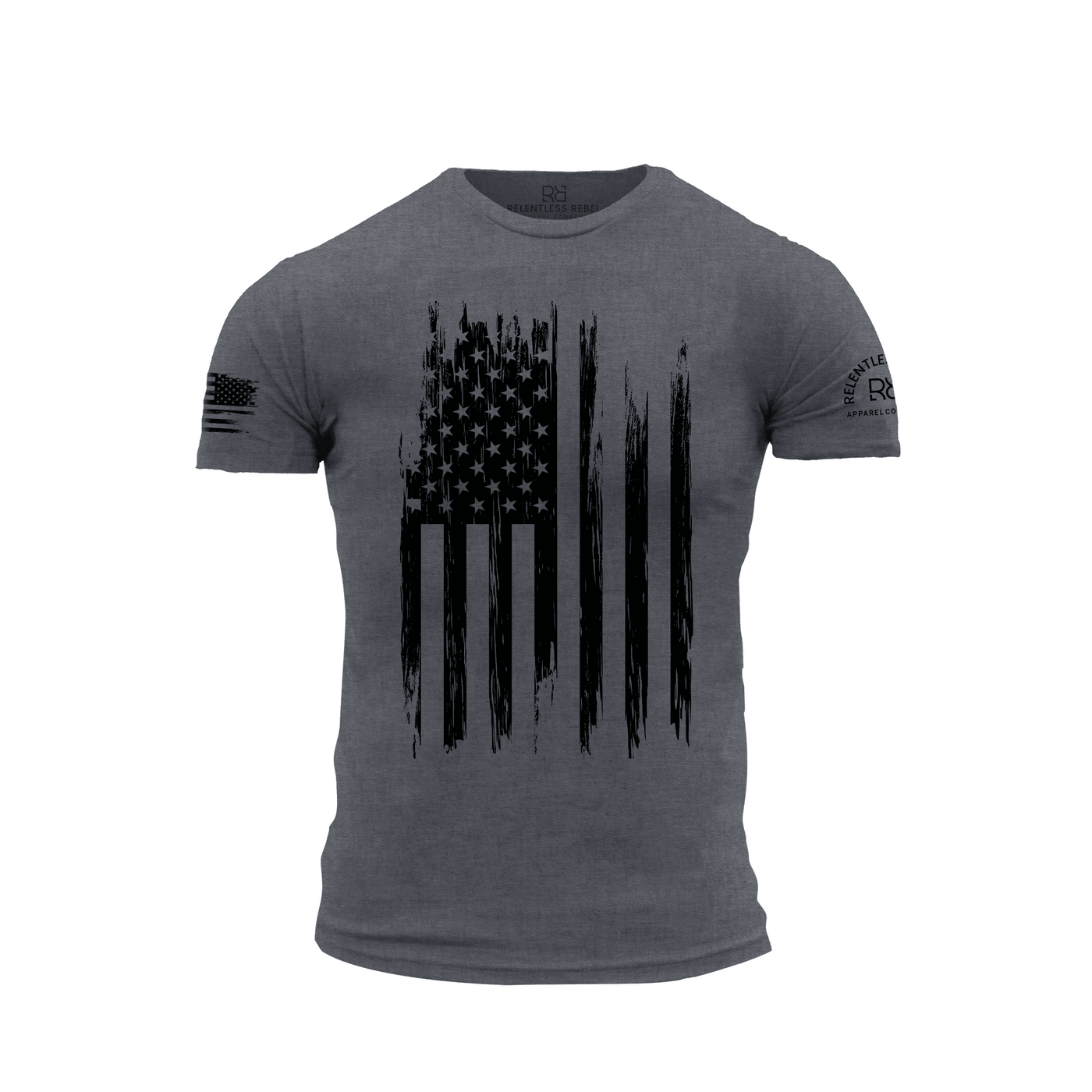 Gray t-shirt with black American flag design on a white background