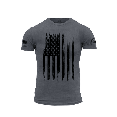 Gray t-shirt with black American flag design on a white background