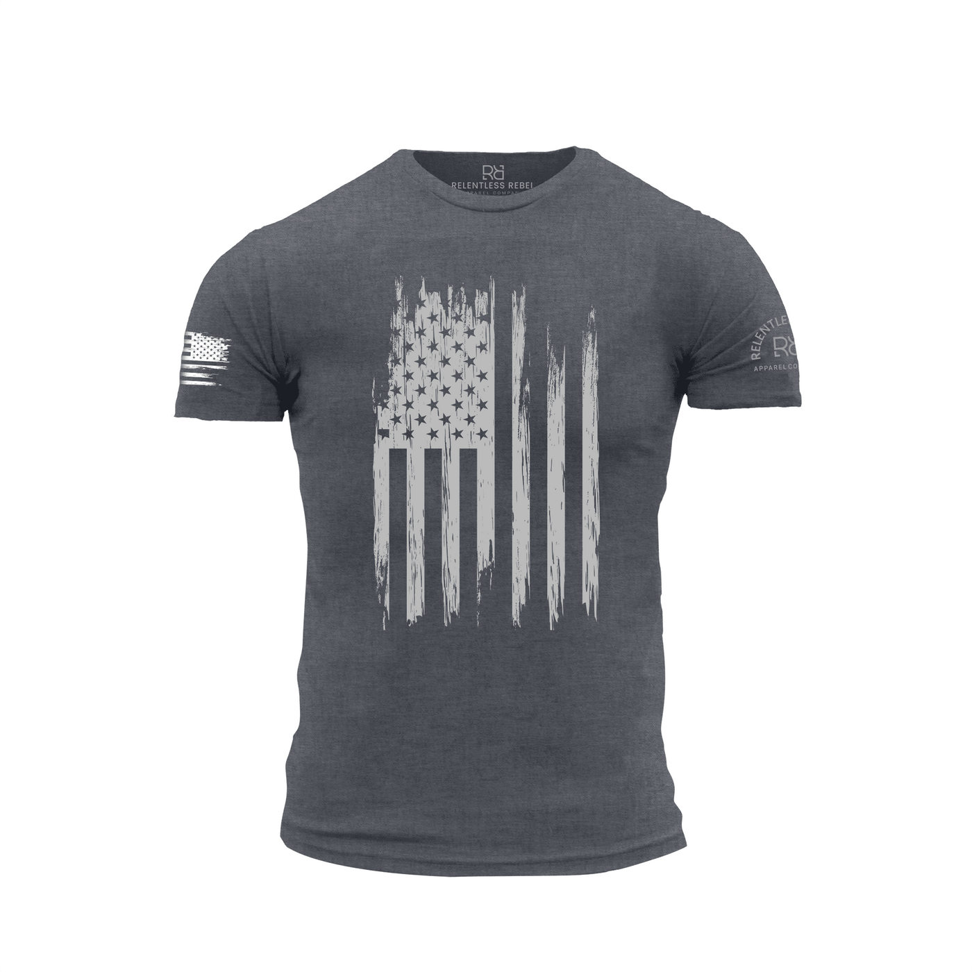 Gray t-shirt with American flag design on a white background