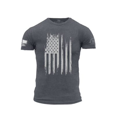 Gray t-shirt with American flag design on a white background
