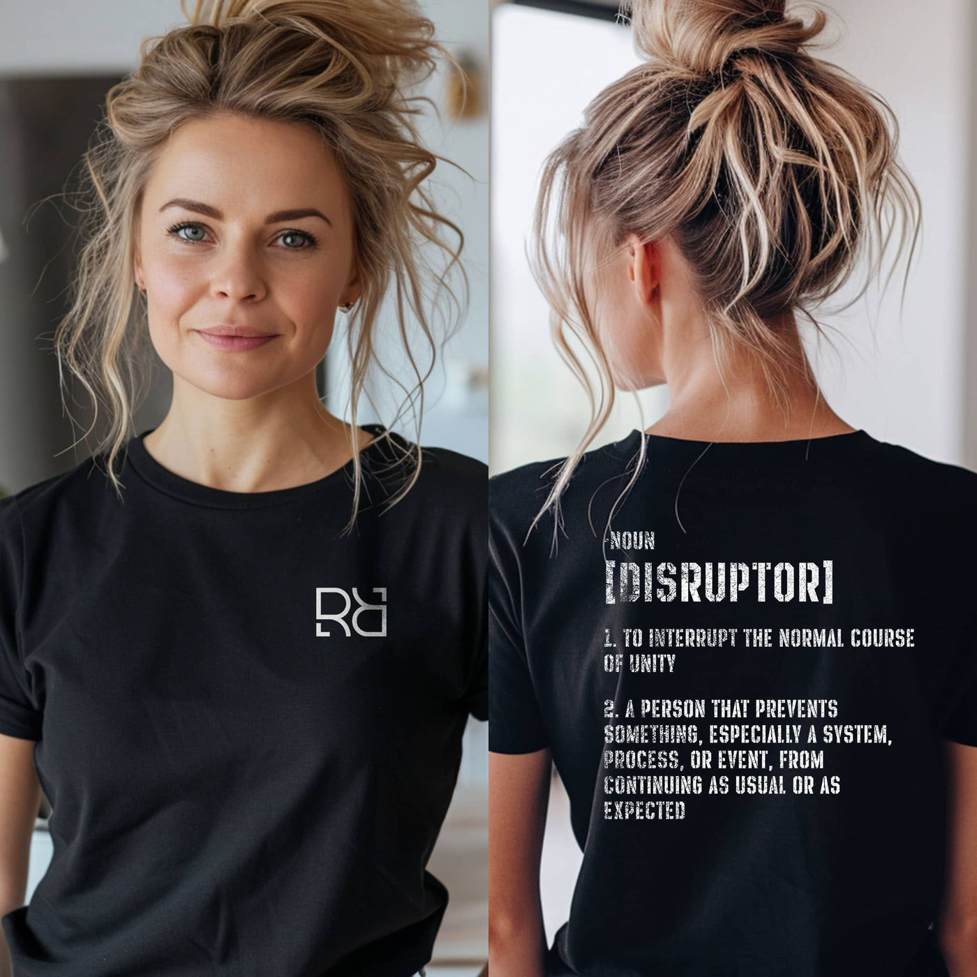 Person wearing a black t-shirt with a logo on the front and text on the back.