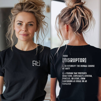 Person wearing a black t-shirt with a logo on the front and text on the back.