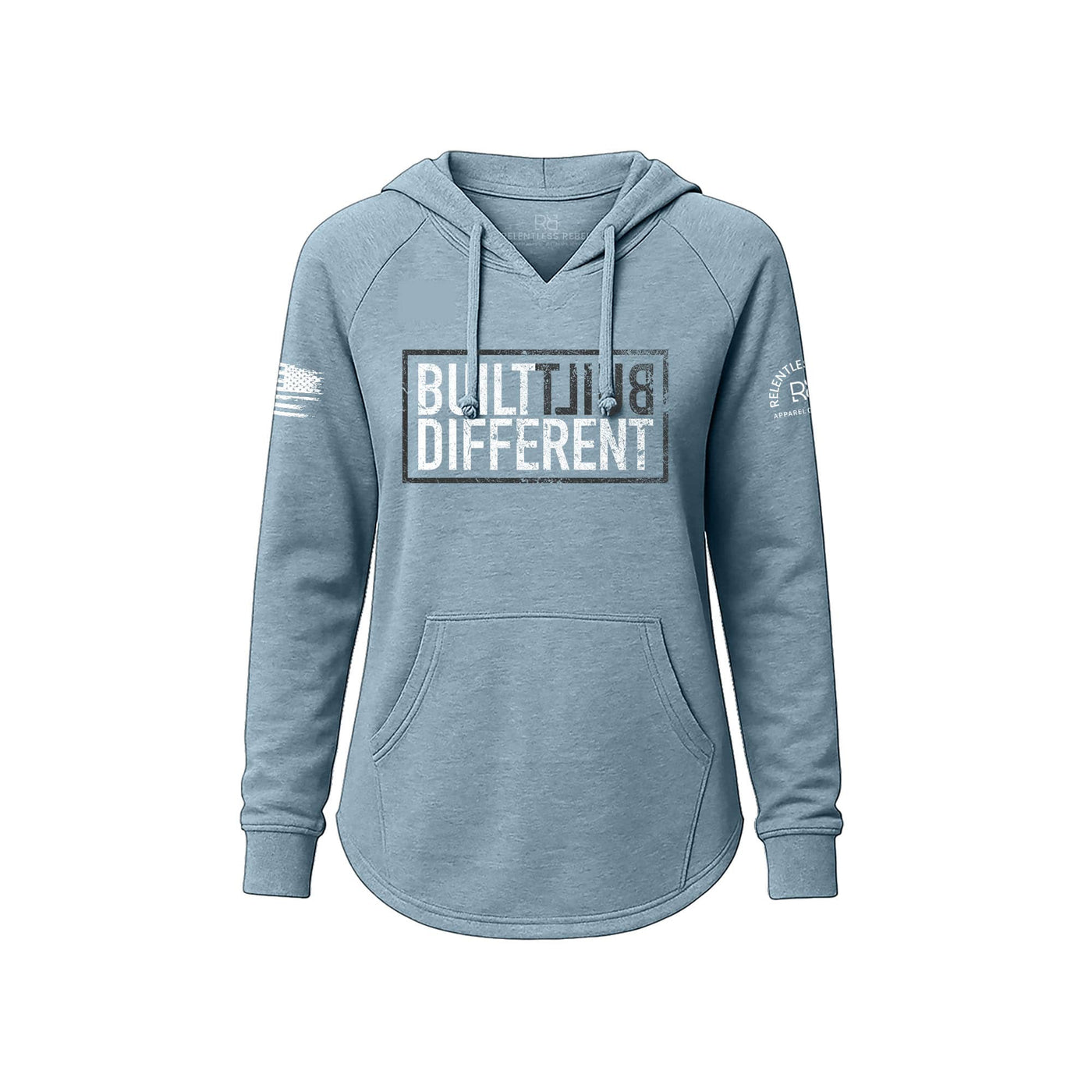 Dusty Blue Women's Wave Hoodie with Built Different on the front