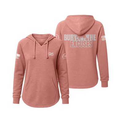 Dusty Rose hoodie with text on the back on a white background