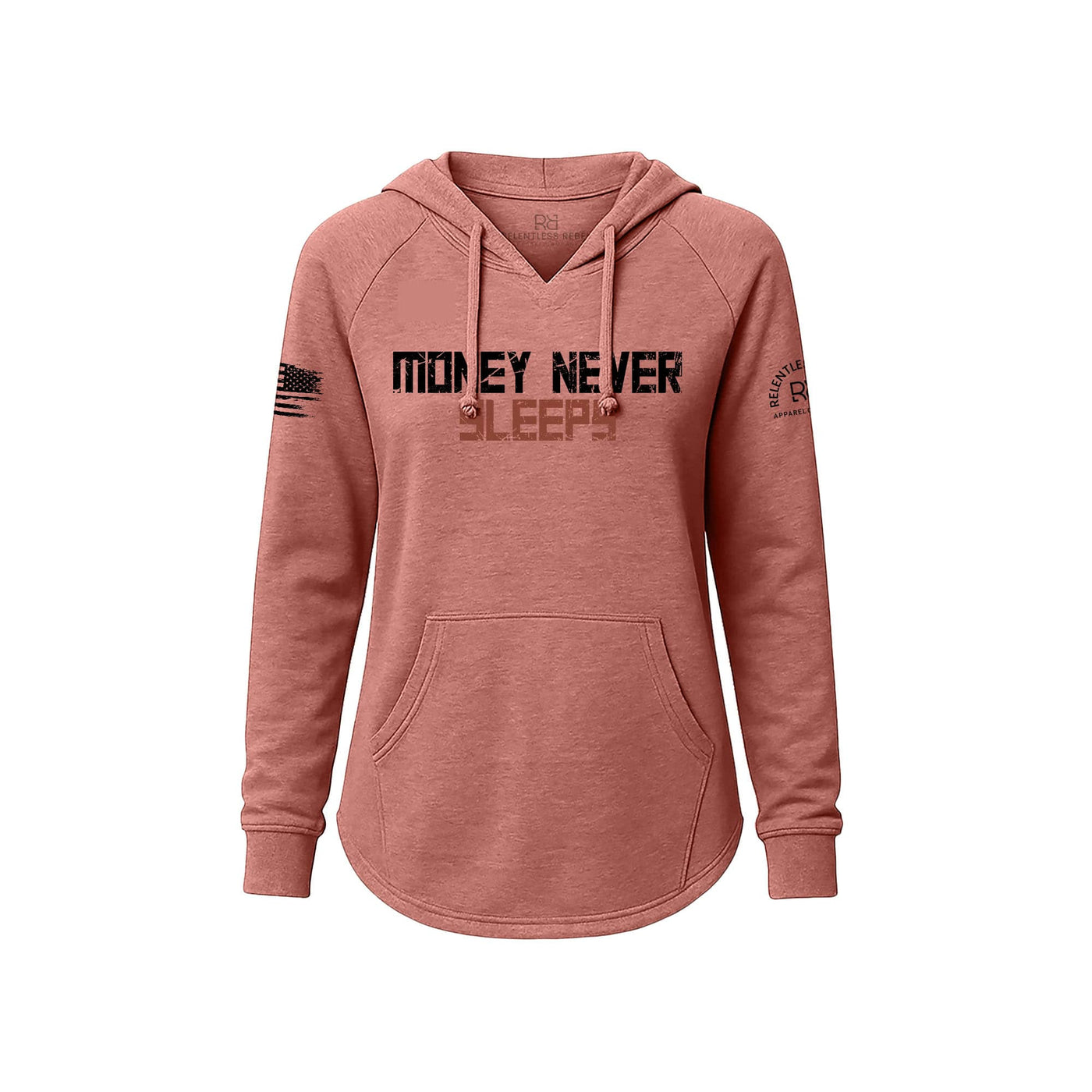 Dusty Rose Women's Wave Hoodie with Money Never Sleeps on the front