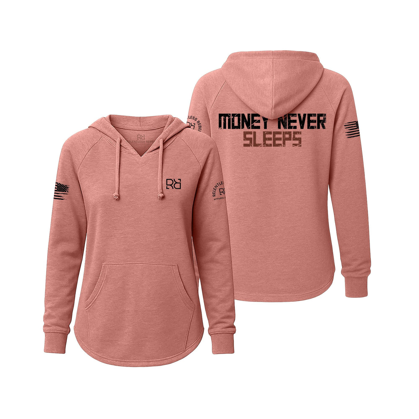 Dusty Rose Women's Wave Hoodie with the Money Never Sleeps on the back