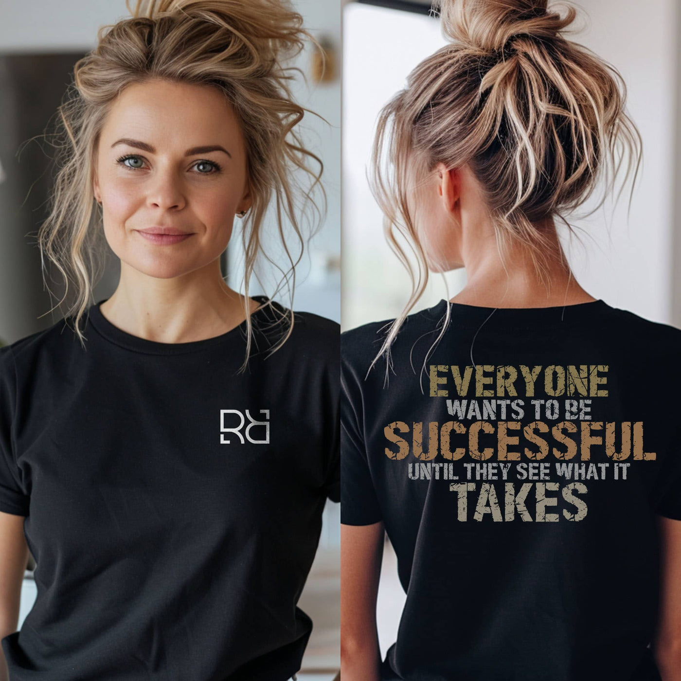 Person wearing a black t-shirt with a logo on the front and motivational quote on the back.