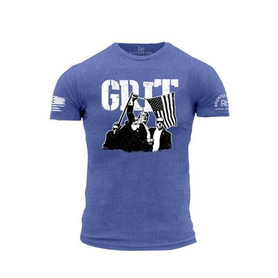 Blue t-shirt with graphic design and text on a white background