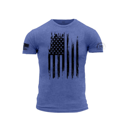Blue t-shirt with black American flag design on a white background