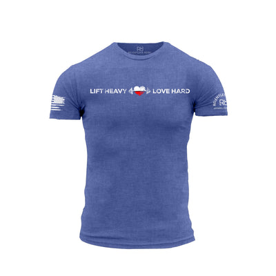 Blue t-shirt with motivational text and logos on a white background