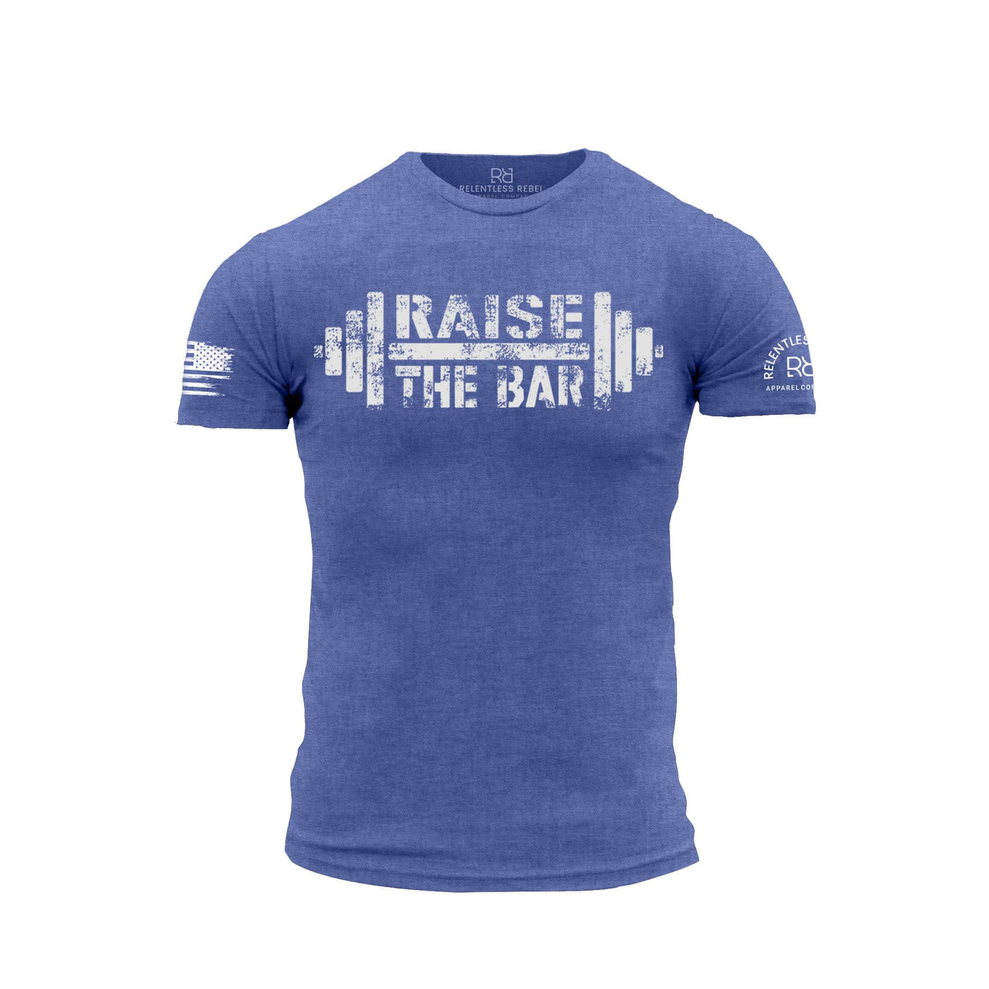Blue t-shirt with 'Raise the Bar' graphic on a white background