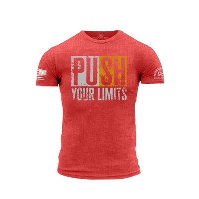 Red t-shirt with 'Push Your Limits' text on a white background