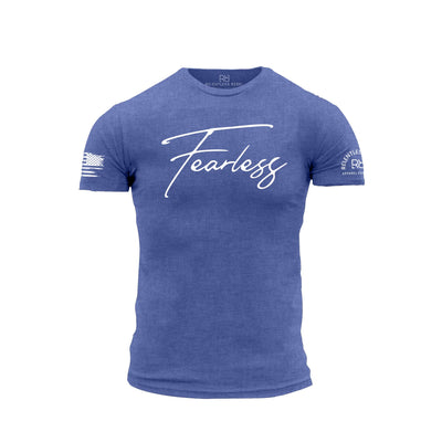 Blue t-shirt with 'Fearless' text and logos on a white background
