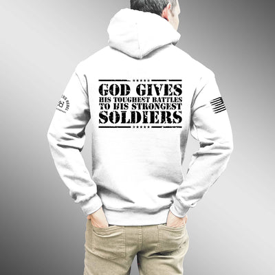 White hoodie with motivational text on the back, worn by a person against a gray background