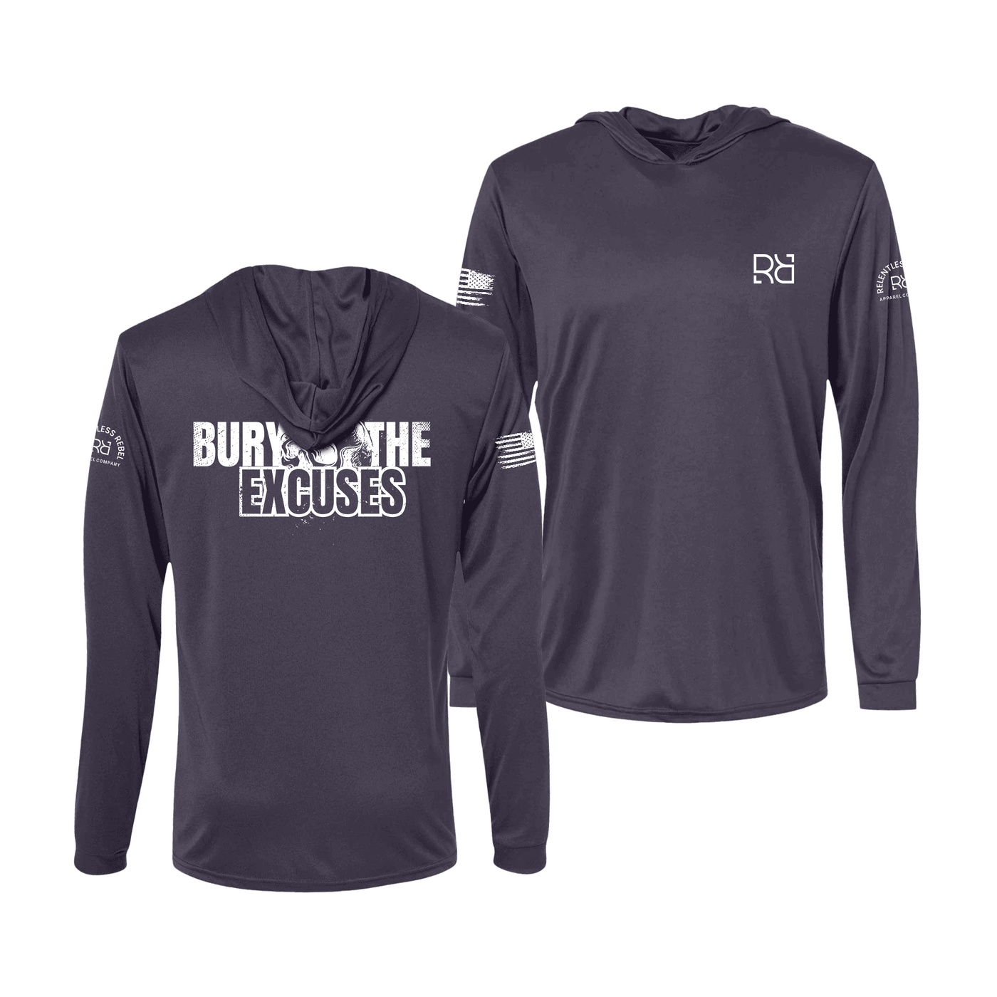 Graphite long-sleeve hoodie with text and logos on a white background