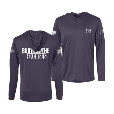 Graphite long-sleeve hoodie with text and logos on a white background