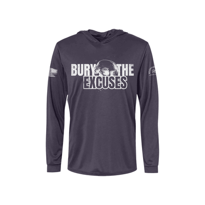 Graphite hoodie with 'Burn the Excuses' text and skull design on a white background