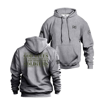 Gray hoodie with text and logos on front and back on a white background