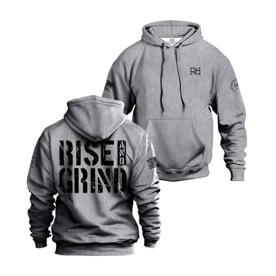 Gray hoodie with 'Rise & Grind' text on front and back, brand logo on sleeve.