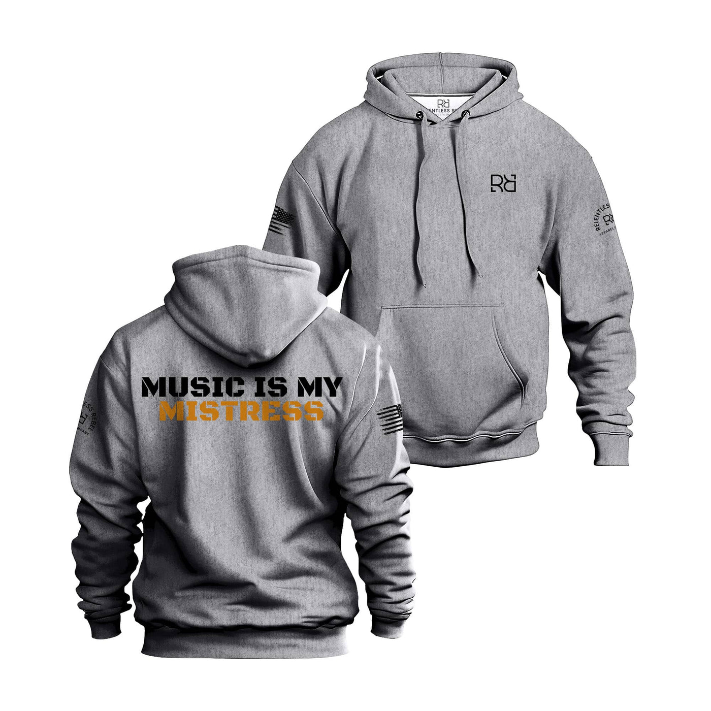 Gray hoodie with 'Music is my Mistress' text on the back, displayed from front and back views.