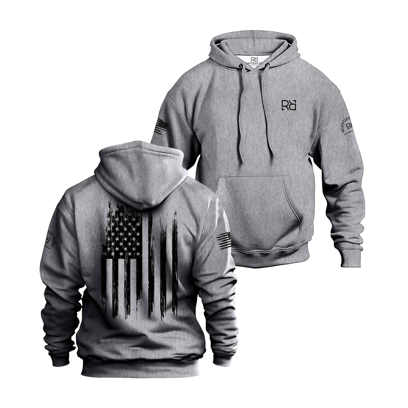Gray hoodie with American flag design on front and back, brand logo on sleeve.