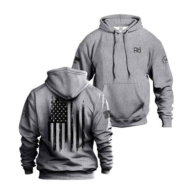 Gray hoodie with American flag design on front and back, brand logo on sleeve.
