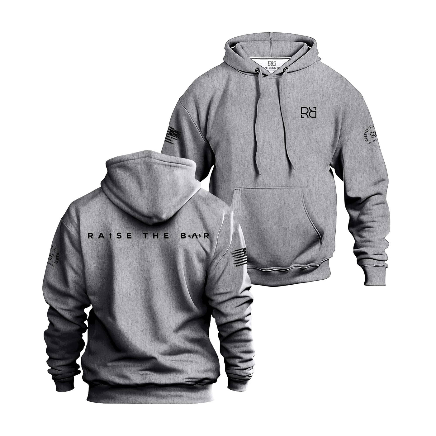 Gray hoodie with 'Raise the Bar' logo on front and back, on a white background