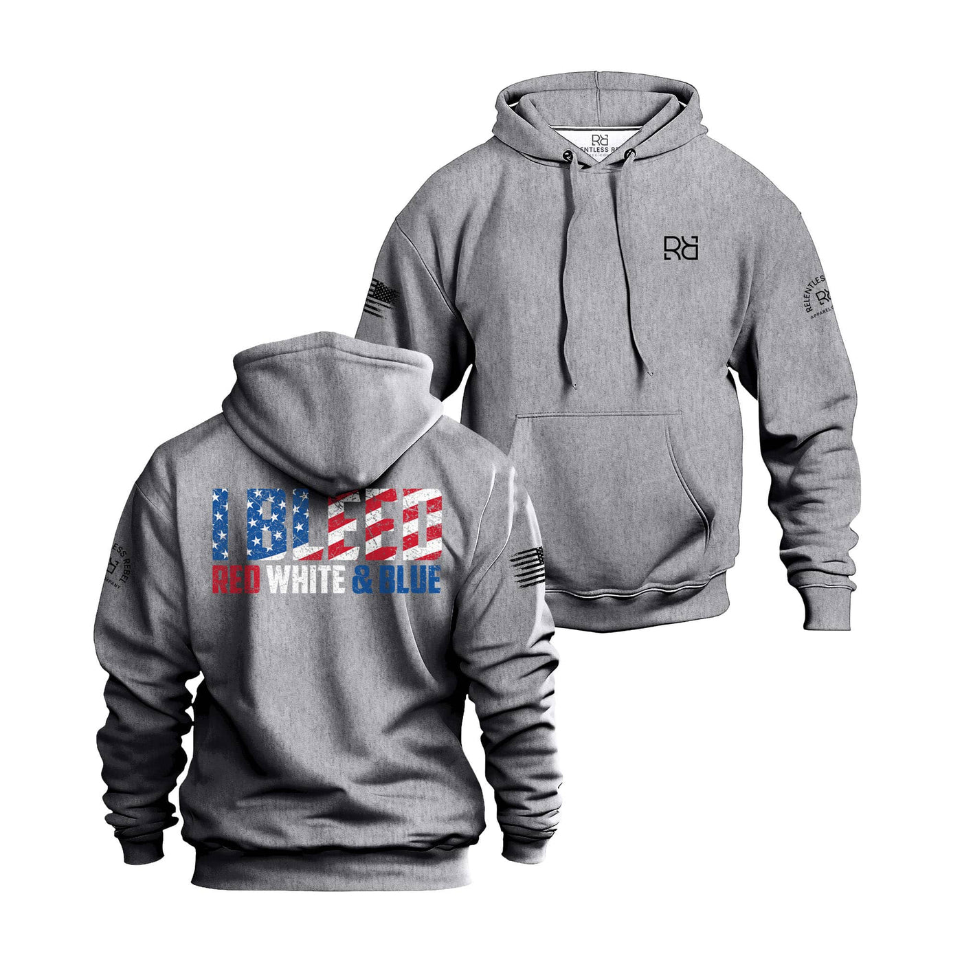 Gray hoodie with American flag design on the back, displayed from front and back views.