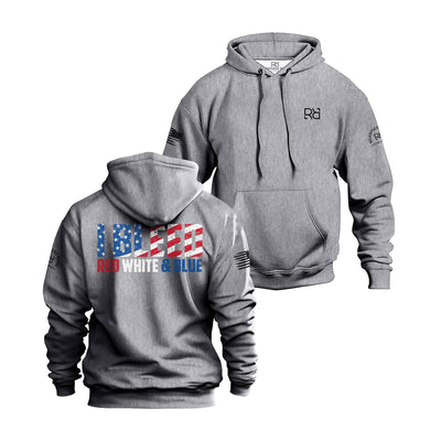 Gray hoodie with American flag design on the back, displayed from front and back views.