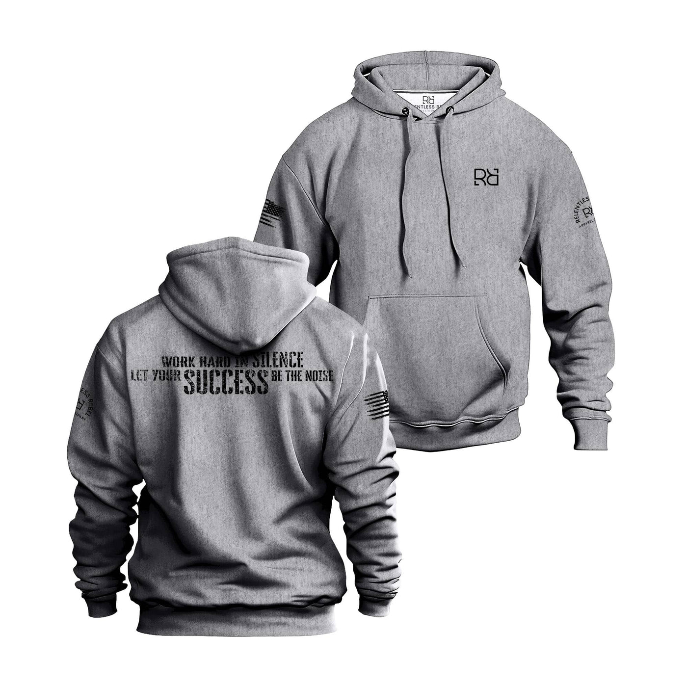 Gray hoodie with front and back text on a white background