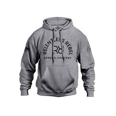 Gray hoodie with 'Relentless Rebel Apparel Company' logo on a white background