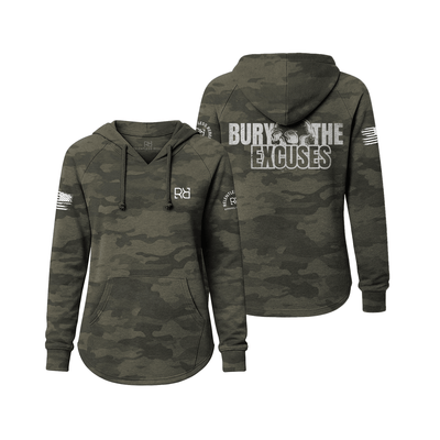 Camouflage hoodie with text on the back on a white background