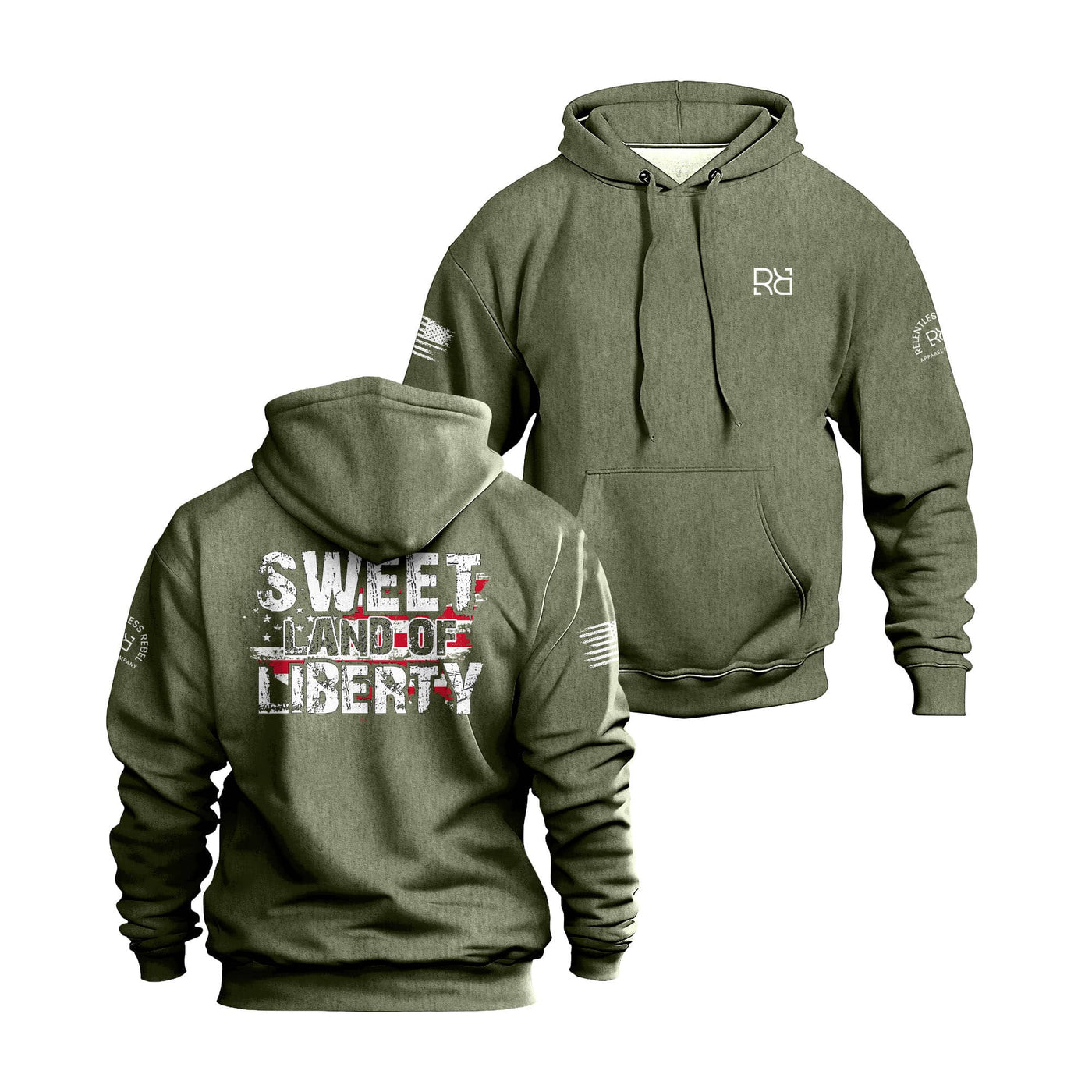Military Green hoodie with 'Sweet Land of Liberty' text on the back, displayed from front and back views.