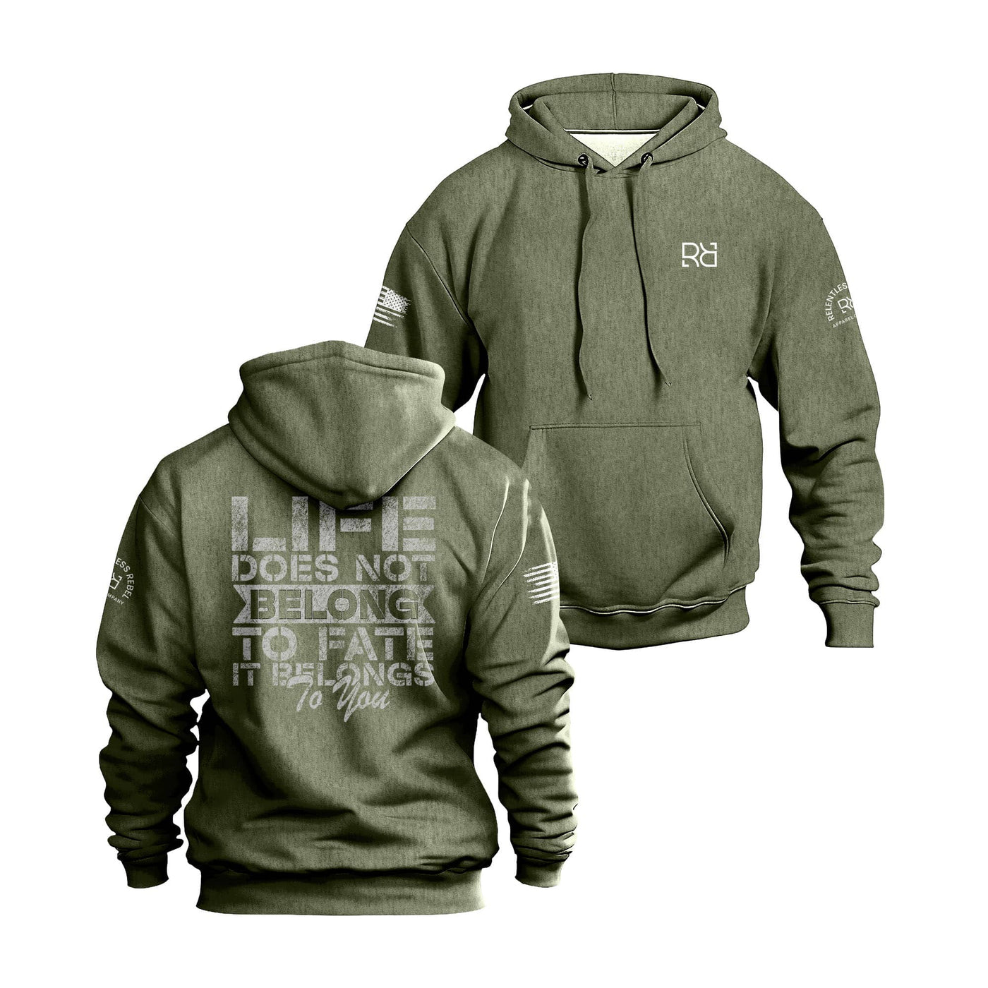 Military Green hoodie with text on front and back on a white background