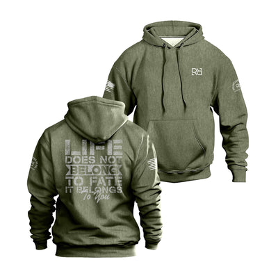 Military Green hoodie with text on front and back on a white background