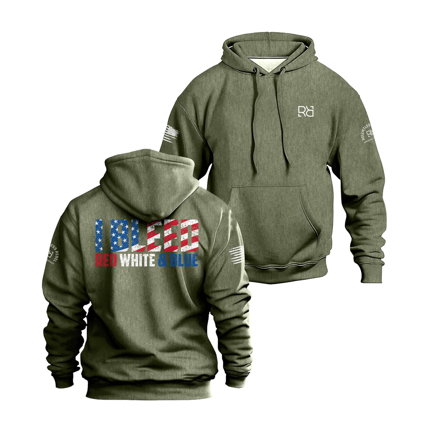 Military Green hoodie with front and back designs on a white background