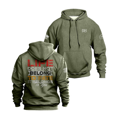 Military Green hoodie with text on front and back on a white background