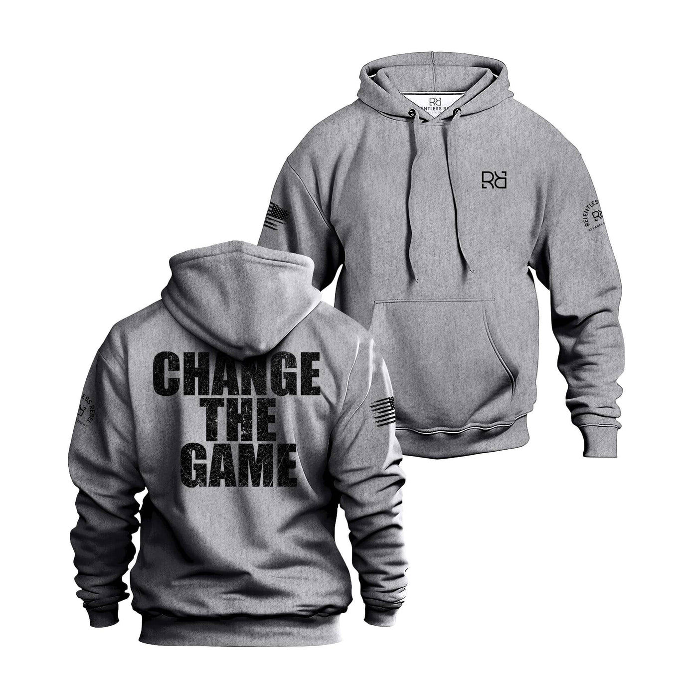 Gray hoodie with 'Change The Game' text on the front and back, featuring a logo on the chest.