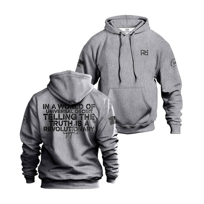 Gray hoodie with text on front and back on a white background