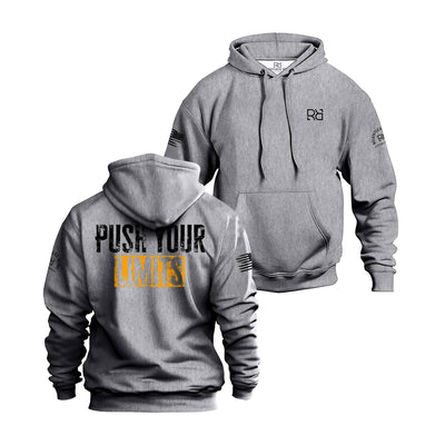 Gray hoodie with front and back text on a white background