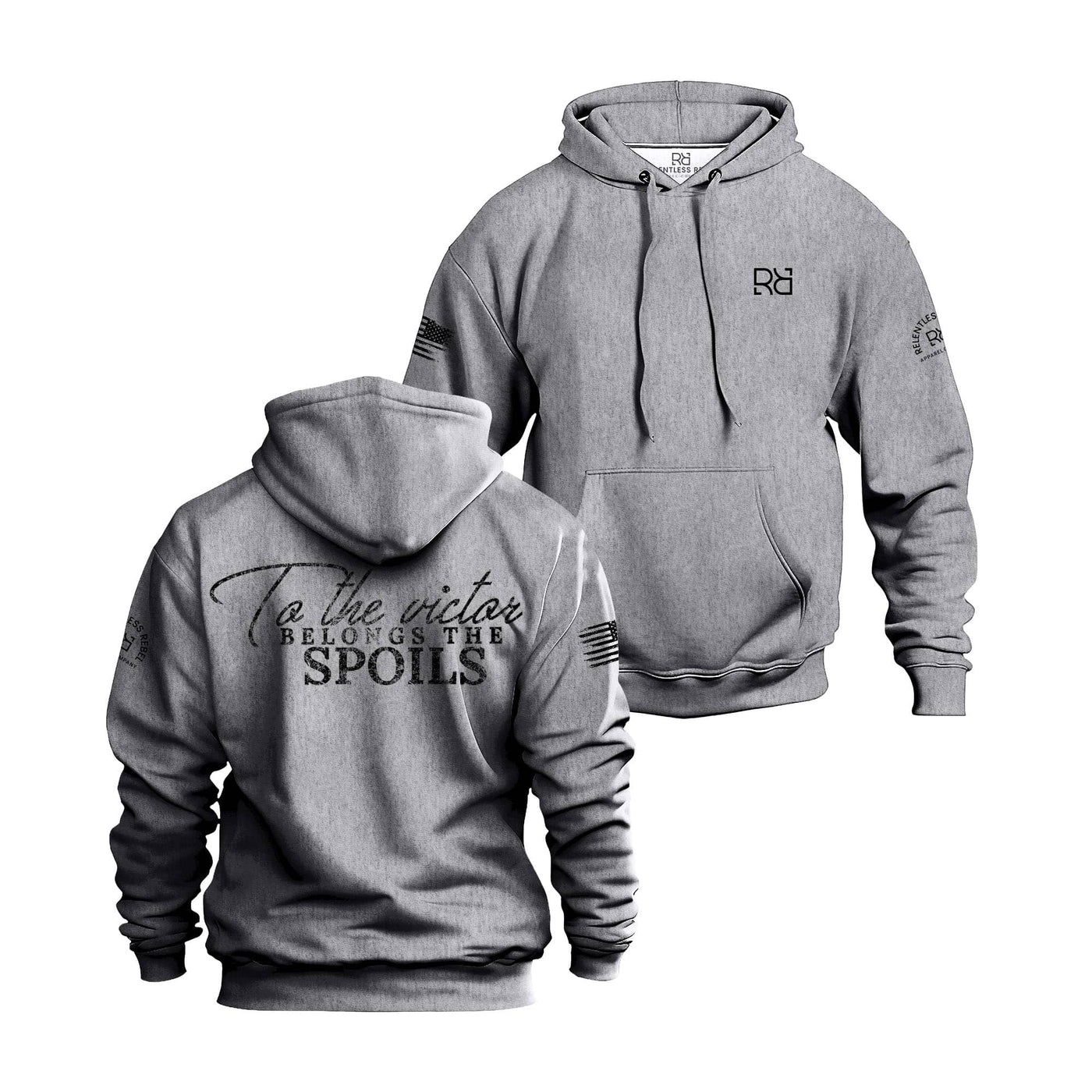 Gray hoodie with text and logos on front and back, on a white background
