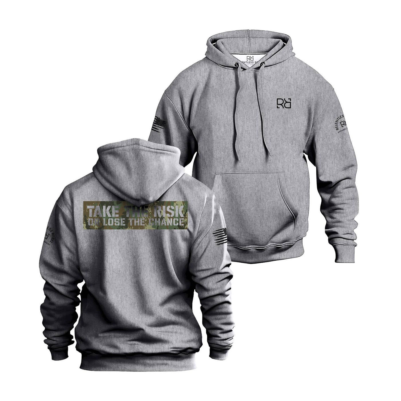 Gray hoodie with front and back views on a white background
