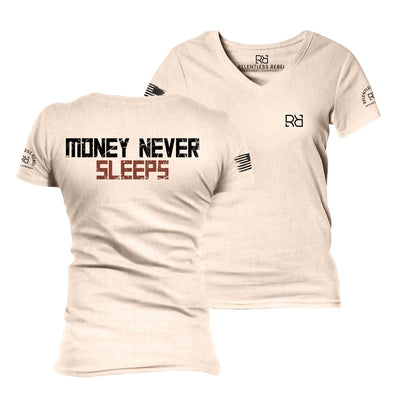 Dust t-shirt with 'Money Never Sleeps' text and brand logo on a white background