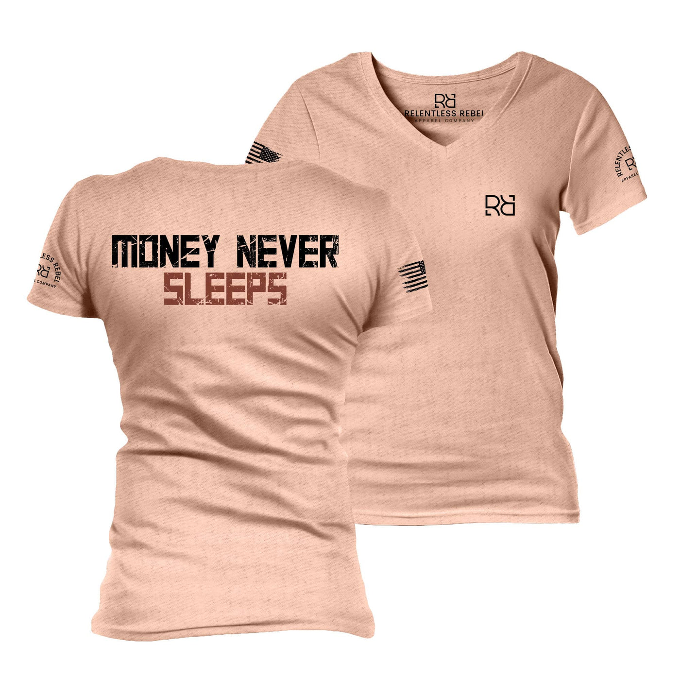 Peach t-shirt with 'Money Never Sleeps' text and brand logo on a white background