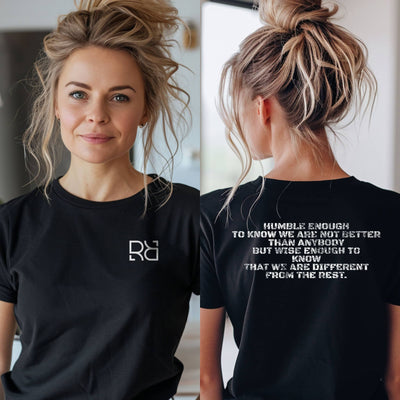 Person wearing a black t-shirt with a quote and logo on it, shown from front and back.
